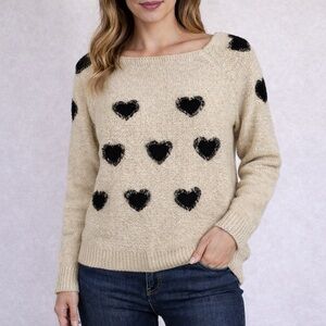 Crystal K Sweater Womens L Y2K Black Heart Beige Knit Square Neck Coquette